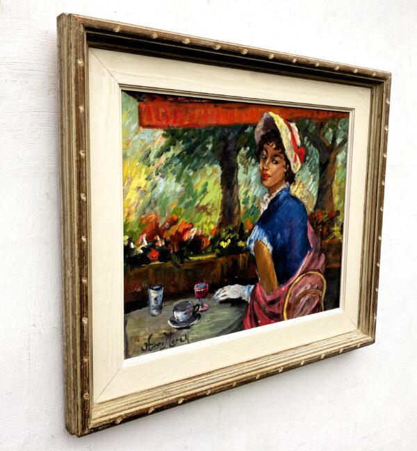 Original oil painting, elegant woman cafe scene, mid century style, Paris decor art