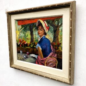 Original oil painting, elegant woman cafe scene, mid century style, Paris decor art - Image 6