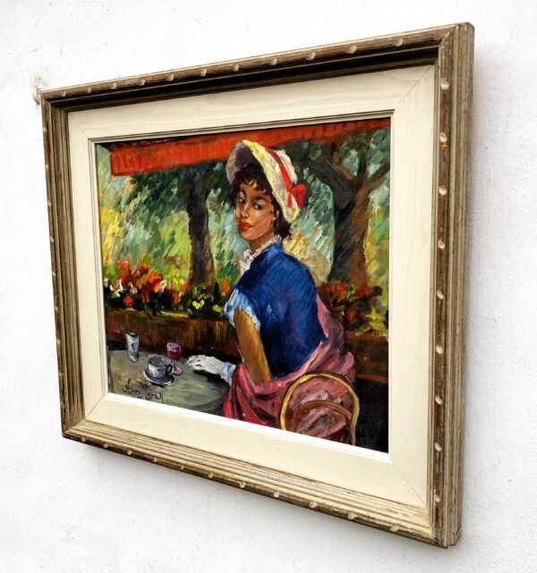 Original oil painting, elegant woman cafe scene, mid century style, Paris decor art