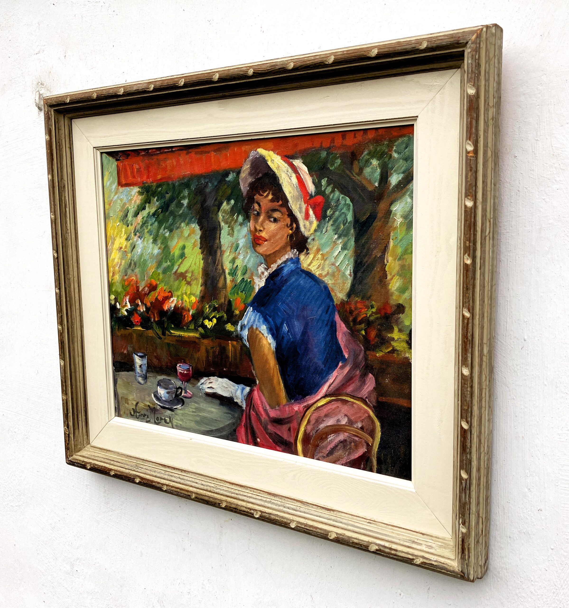 Original oil painting, elegant woman cafe scene, mid century style, Paris decor art - Image 6