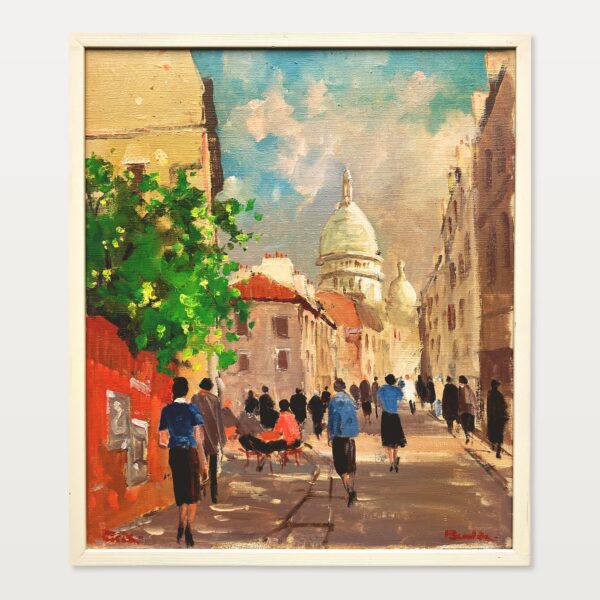 Original Danish oil painting, Paris street scene figures, mid century, Hans Bendix