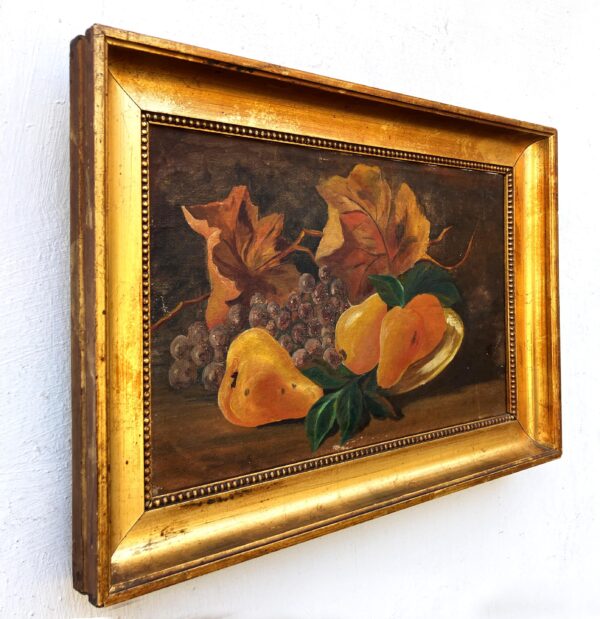 Still Life Painting Pears Grapes Autumn Leaves, Vintage Oil Painting, Cottage Decor