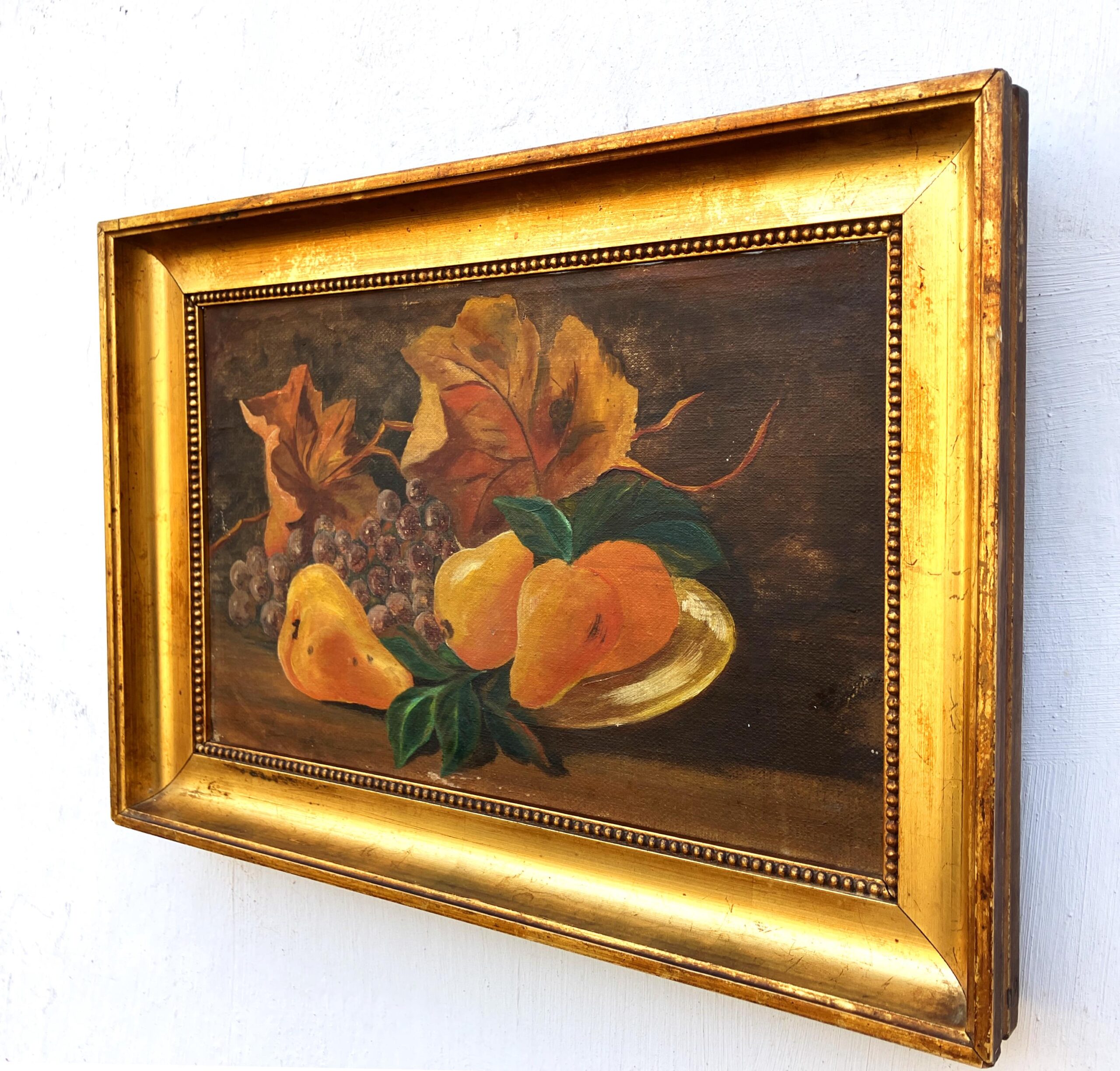 Still Life Painting Pears Grapes Autumn Leaves, Vintage Oil Painting, Cottage Decor - Image 4