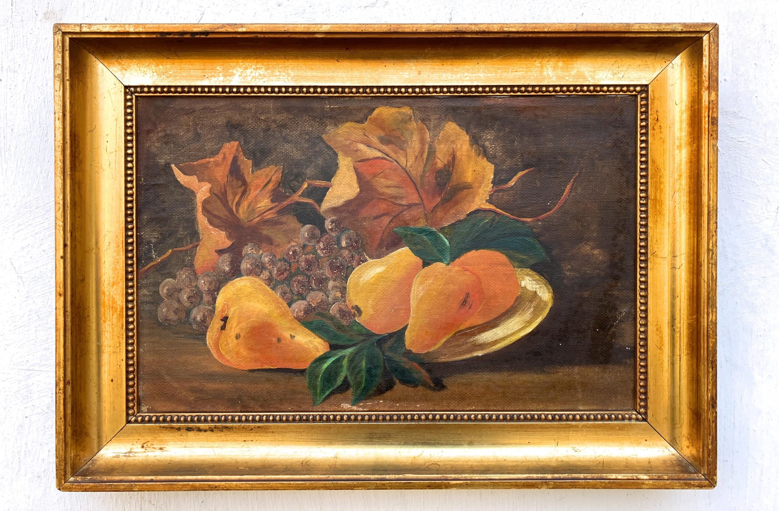 Still Life Painting Pears Grapes Autumn Leaves, Vintage Oil Painting, Cottage Decor
