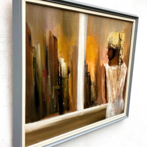 Original Swedish oil painting, Woman at window cityscape, Modernist figurative, scandi decor - Image 5