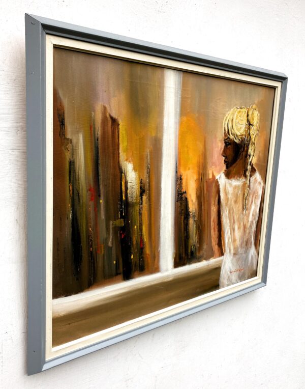 Original Swedish oil painting, Woman at window cityscape, Modernist figurative, scandi decor