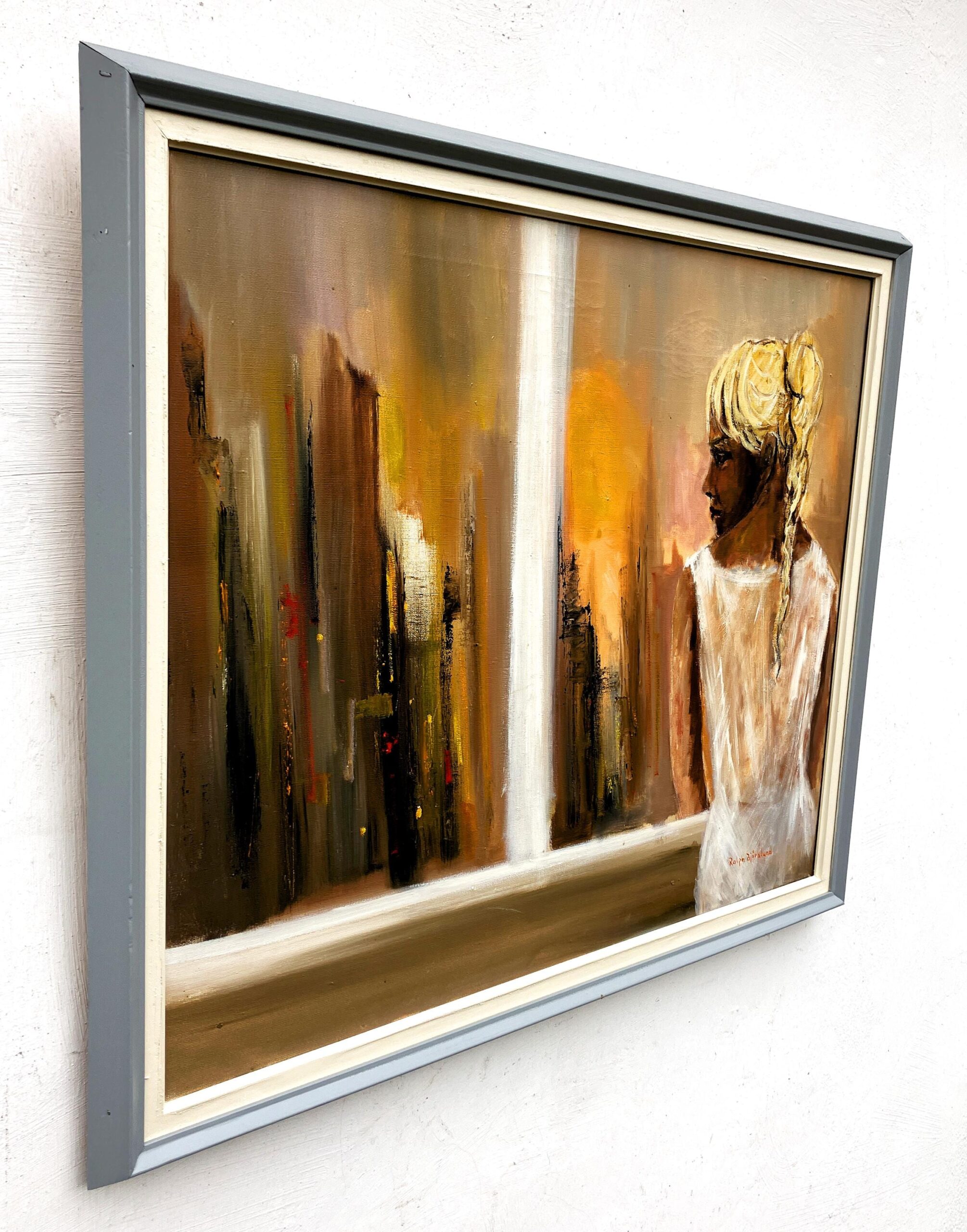 Original Swedish oil painting, Woman at window cityscape, Modernist figurative, scandi decor - Image 5