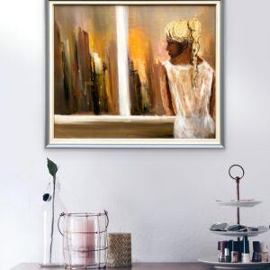 Original Swedish oil painting, Woman at window cityscape, Modernist figurative, scandi decor - Image 2