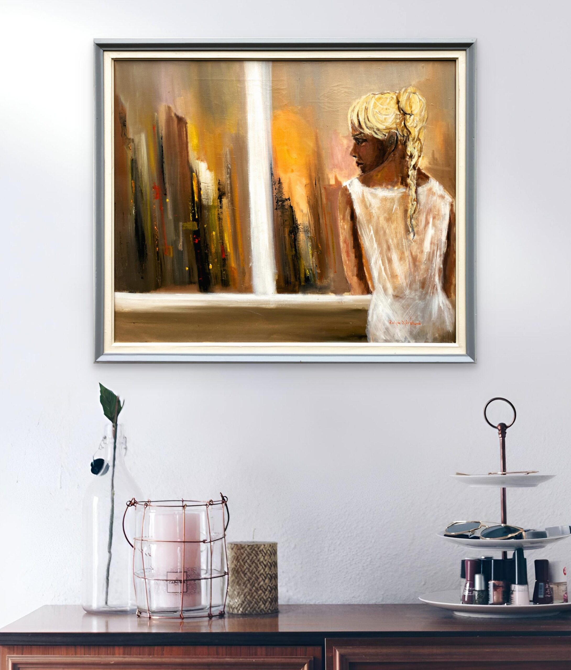 Original Swedish oil painting, Woman at window cityscape, Modernist figurative, scandi decor - Image 2