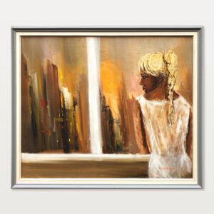 Original Swedish oil painting, Woman at window cityscape, Modernist figurative, scandi decor