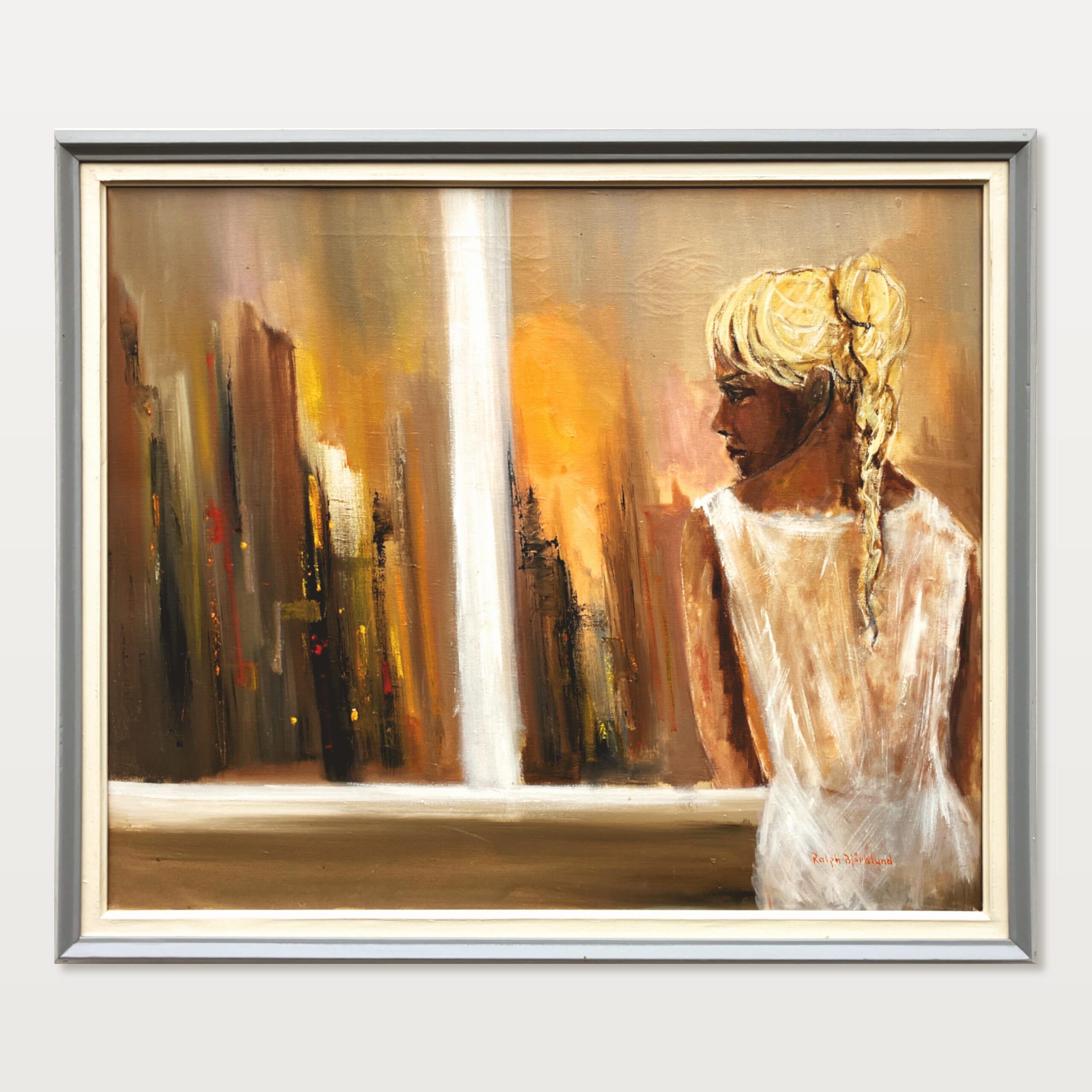 Original Swedish oil painting, Woman at window cityscape, Modernist figurative, scandi decor