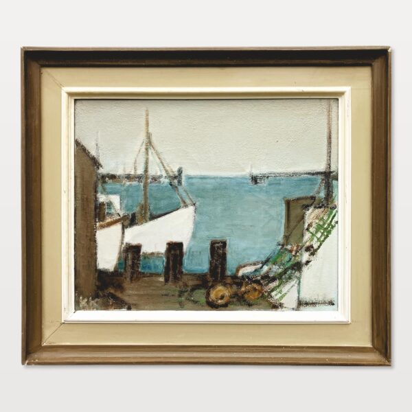 Fishing Harbor Oil Painting, Scandinavian Maritime Scene, 1977