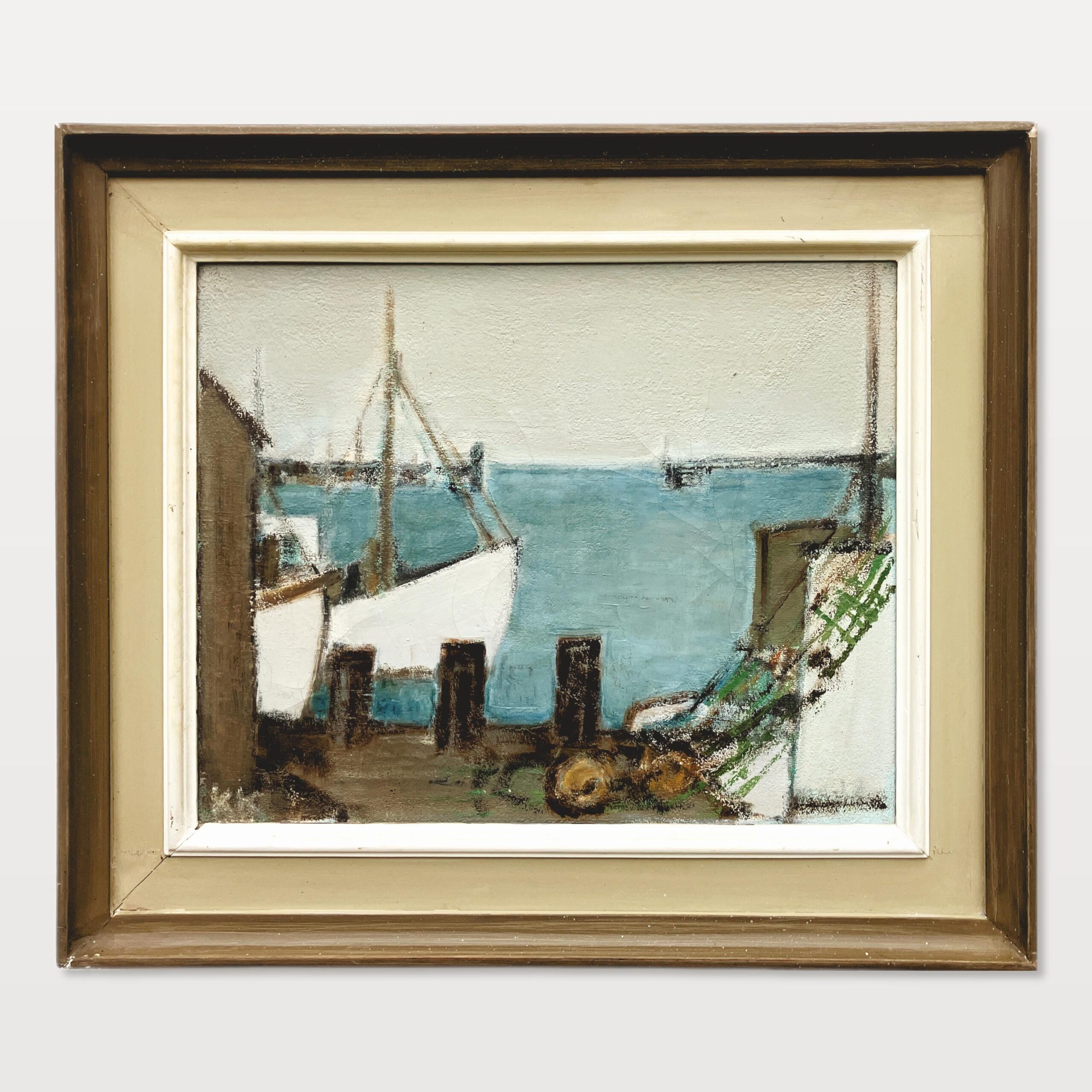 Fishing Harbor Oil Painting, Scandinavian Maritime Scene, 1977