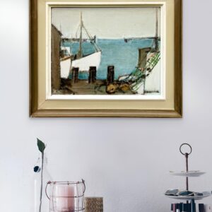 Fishing Harbor Oil Painting, Scandinavian Maritime Scene, 1977 - Image 2