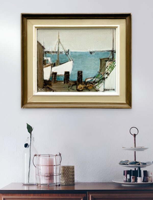Fishing Harbor Oil Painting, Scandinavian Maritime Scene, 1977