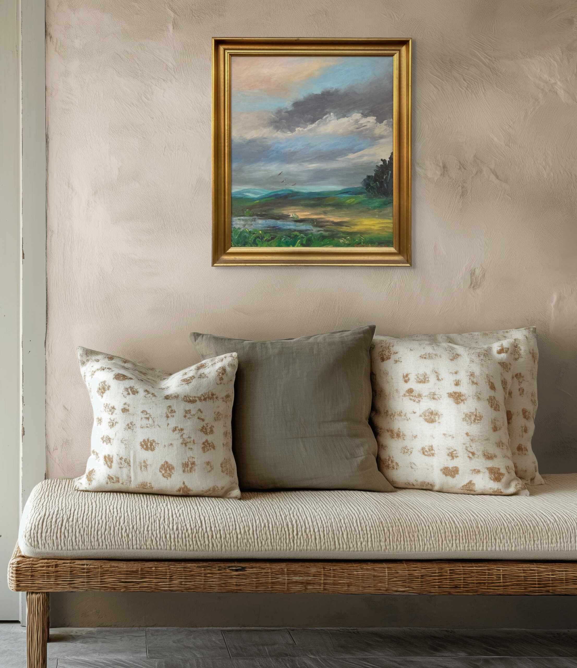 Vintage Danish Landscape Oil Painting, Birds and Dramatic Sky, Signed and dated 1969 - Image 4