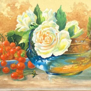 Roses and Cherries Still Life Painting, Antique Danish Oil Painting, Cottage Decor - Image 4