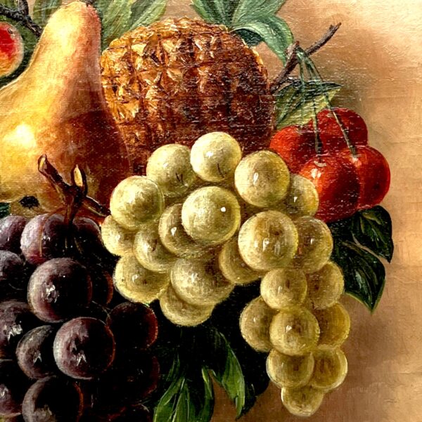 Antique European Fruit Still Life Oil Painting – Grapes, Pear, Cherries, Pineapple 1908