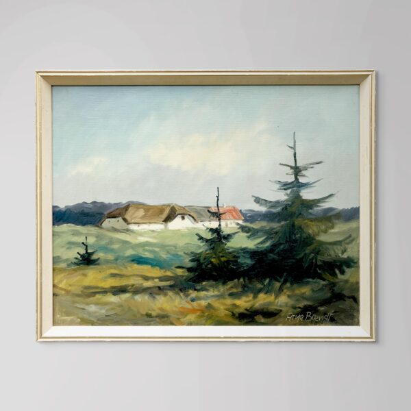 Original Danish Oil Painting, west coast farmhouse, mid century nordic, scandinavian wall art