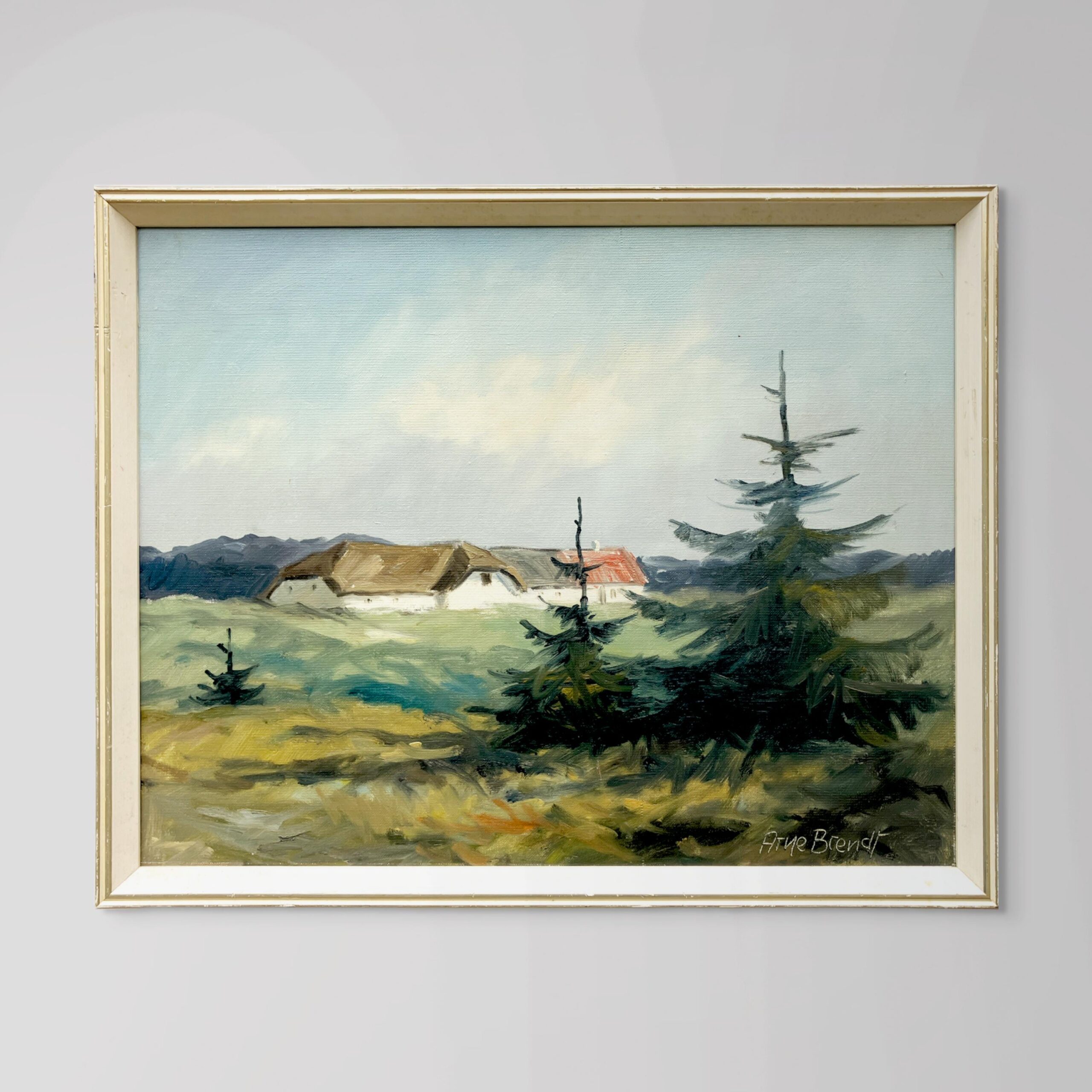 Original Danish Oil Painting, west coast farmhouse, mid century nordic, scandinavian wall art