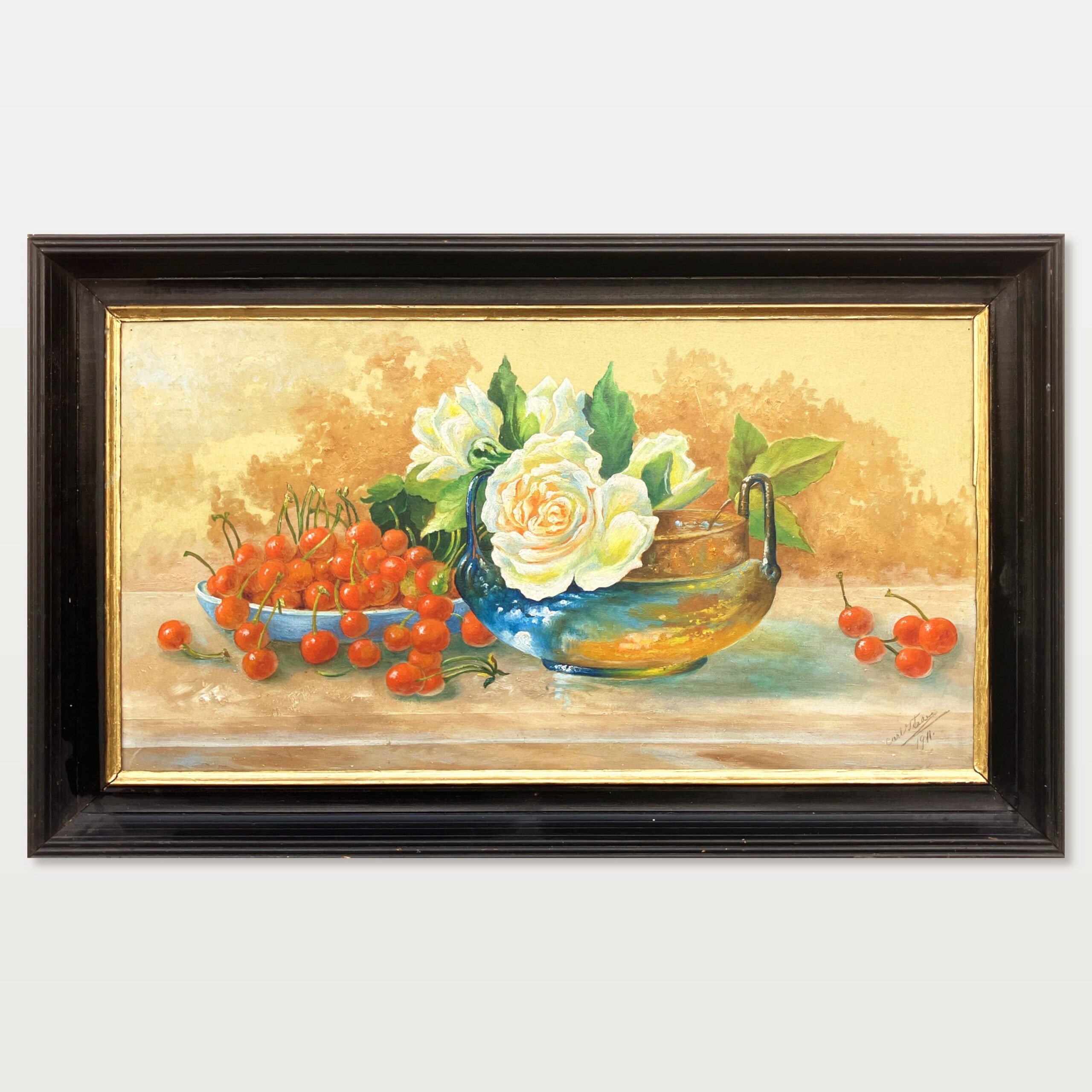 Roses and Cherries Still Life Painting, Antique Danish Oil Painting, Cottage Decor - Image 1