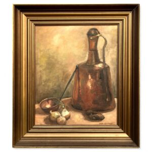 Vintage Danish Still Life Oil Painting: Copper Jug & Onions, Framed Realist Art