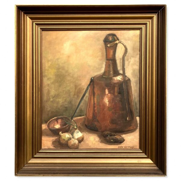Vintage Danish Still Life Oil Painting: Copper Jug & Onions, Framed Realist Art