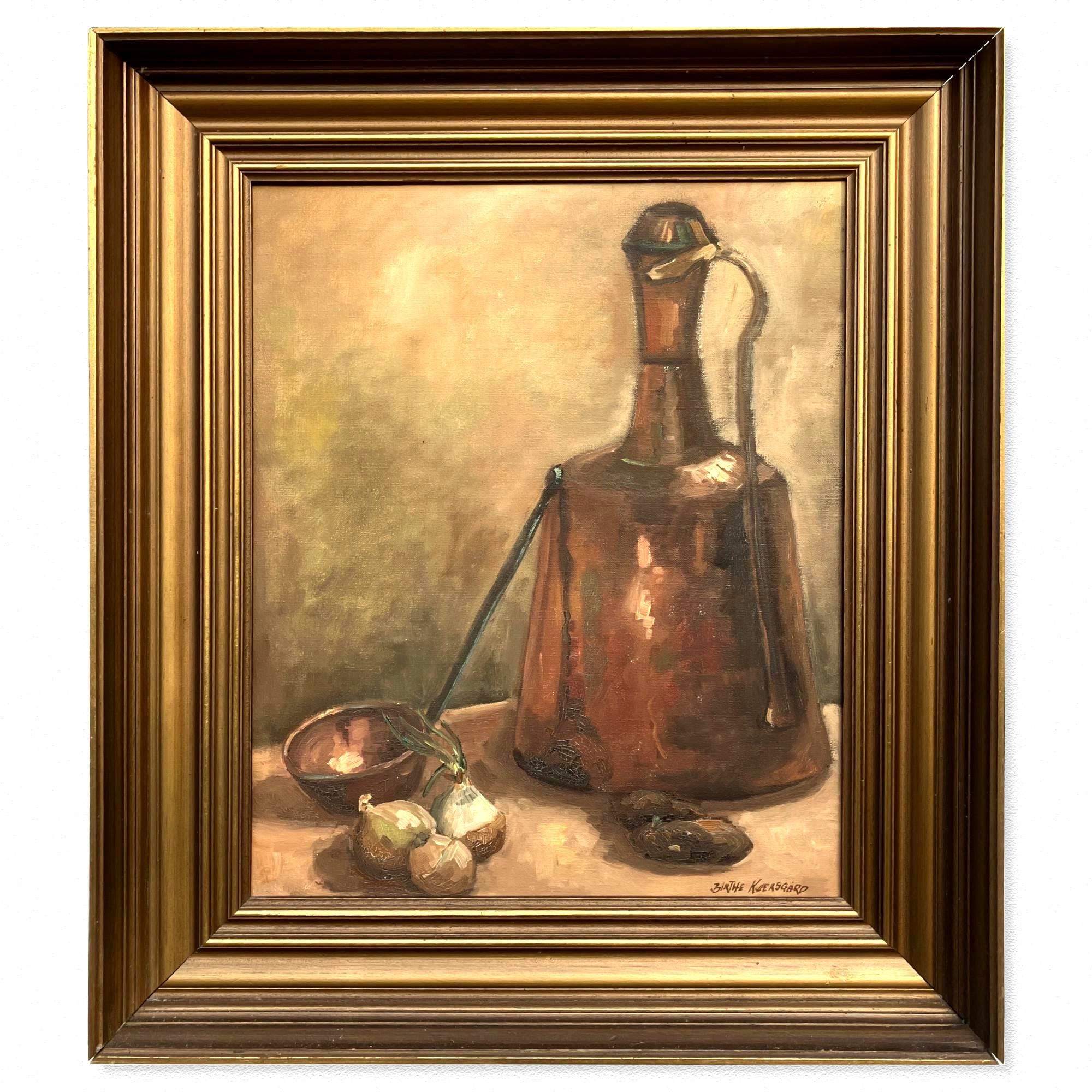 Vintage Danish Still Life Oil Painting: Copper Jug & Onions, Framed Realist Art - Image 1