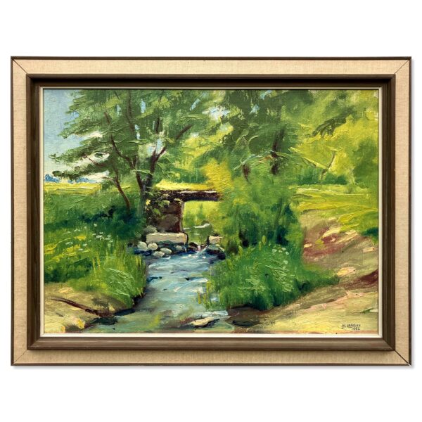 Original Swedish Oil Painting – Green Countryside Stream with Bridge – Mid Century – Framed