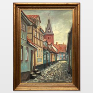Large Danish Town Street Scene, Original Vintage Oil Painting, European Decor - Image 1