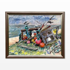 Fishing Gear Still Life, Vintage Oil Painting, Swedish Coastal Decor
