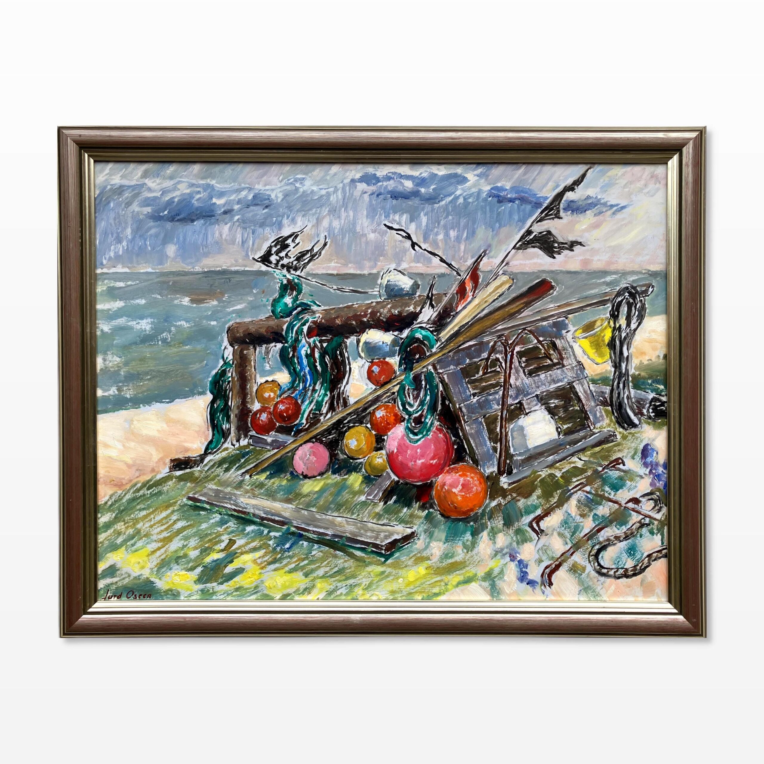 Fishing Gear Still Life, Vintage Oil Painting, Swedish Coastal Decor - Image 1
