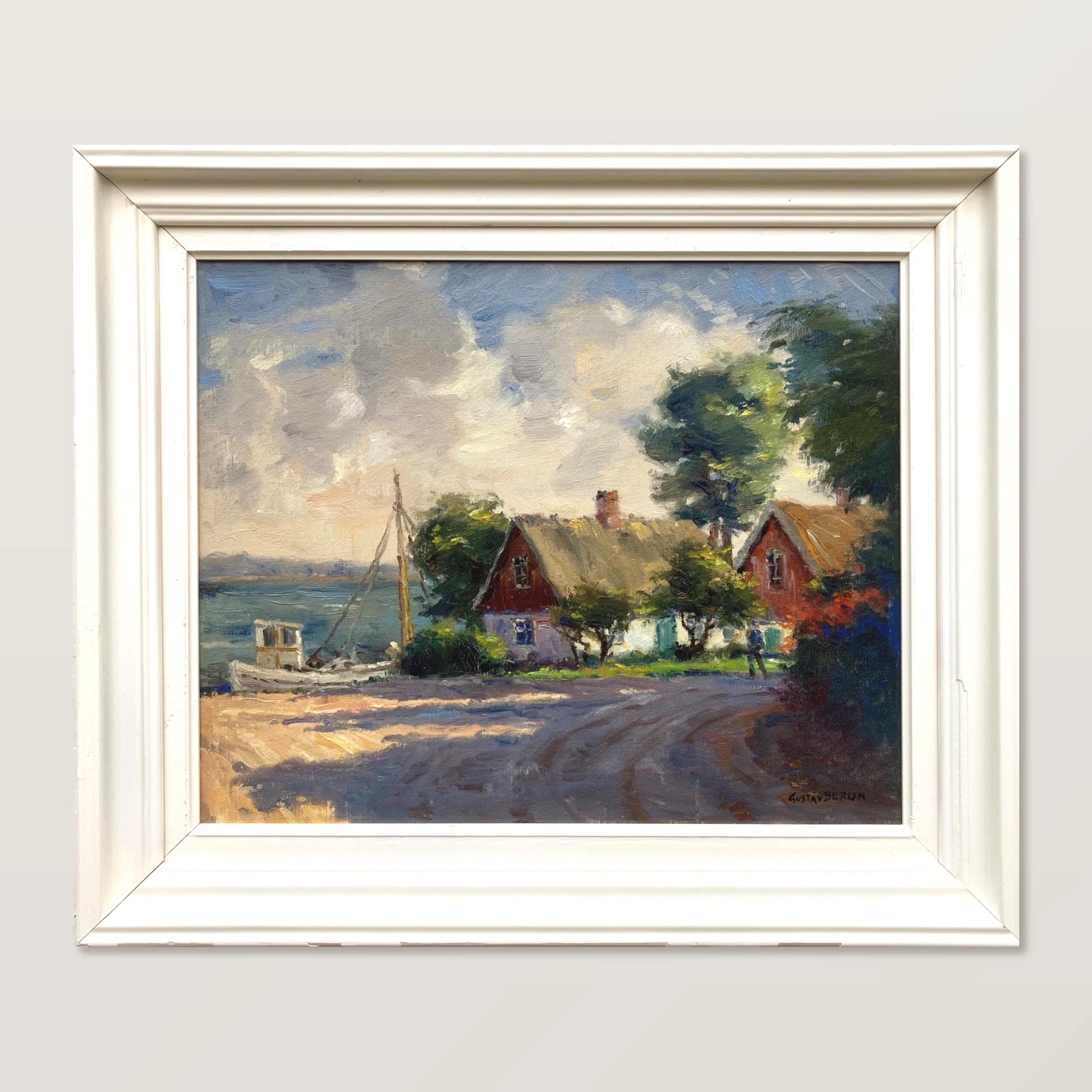 Swedish Coastal Village Oil Painting with Fishing Boat ,1970s