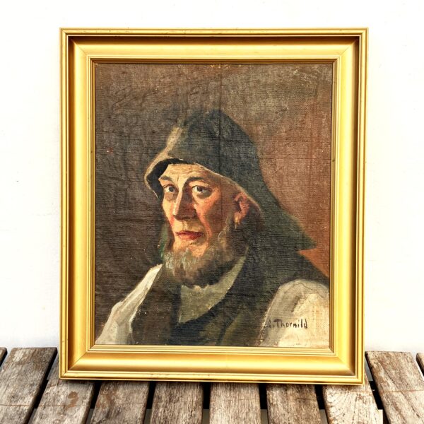 Original Danish oil painting, Medium fisherman portrait warm earthy tones, Scandinavian realism, Christian Thornild