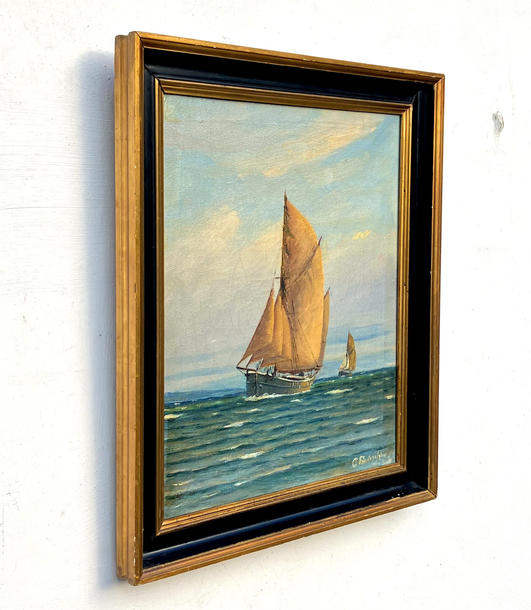 Danish Oil Painting Sailboat Seascape Coastal Art Carl Frederiksen Circa 1920s-1930s - Image 3