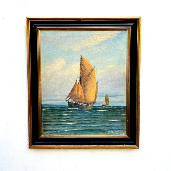 Danish Oil Painting Sailboat Seascape Coastal Art Carl Frederiksen Circa 1920s-1930s