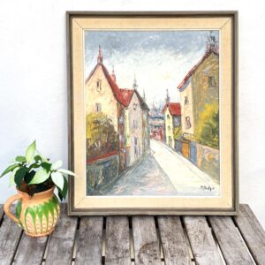 Street Scene Oil Painting – Scandinavian Town, Red Roof Houses, Original Vintage Art - Image 2