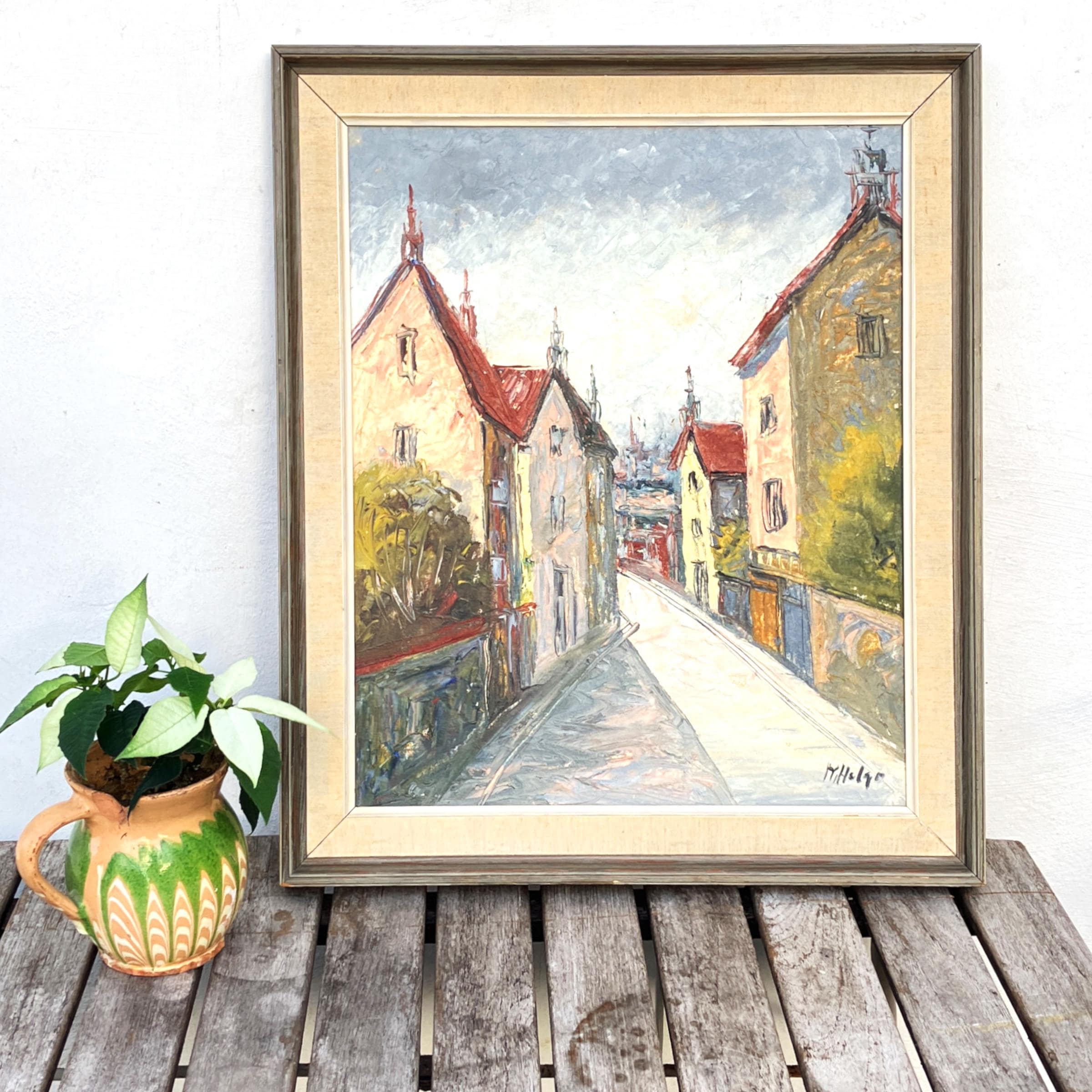 Street Scene Oil Painting – Scandinavian Town, Red Roof Houses, Original Vintage Art - Image 2