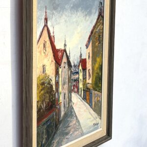 Street Scene Oil Painting – Scandinavian Town, Red Roof Houses, Original Vintage Art - Image 4