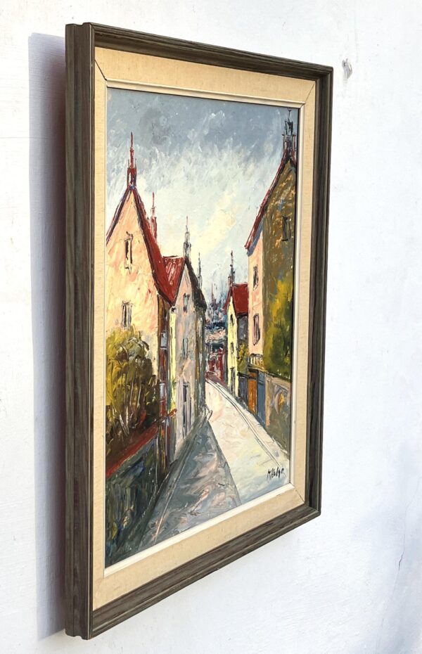 Street Scene Oil Painting – Scandinavian Town, Red Roof Houses, Original Vintage Art