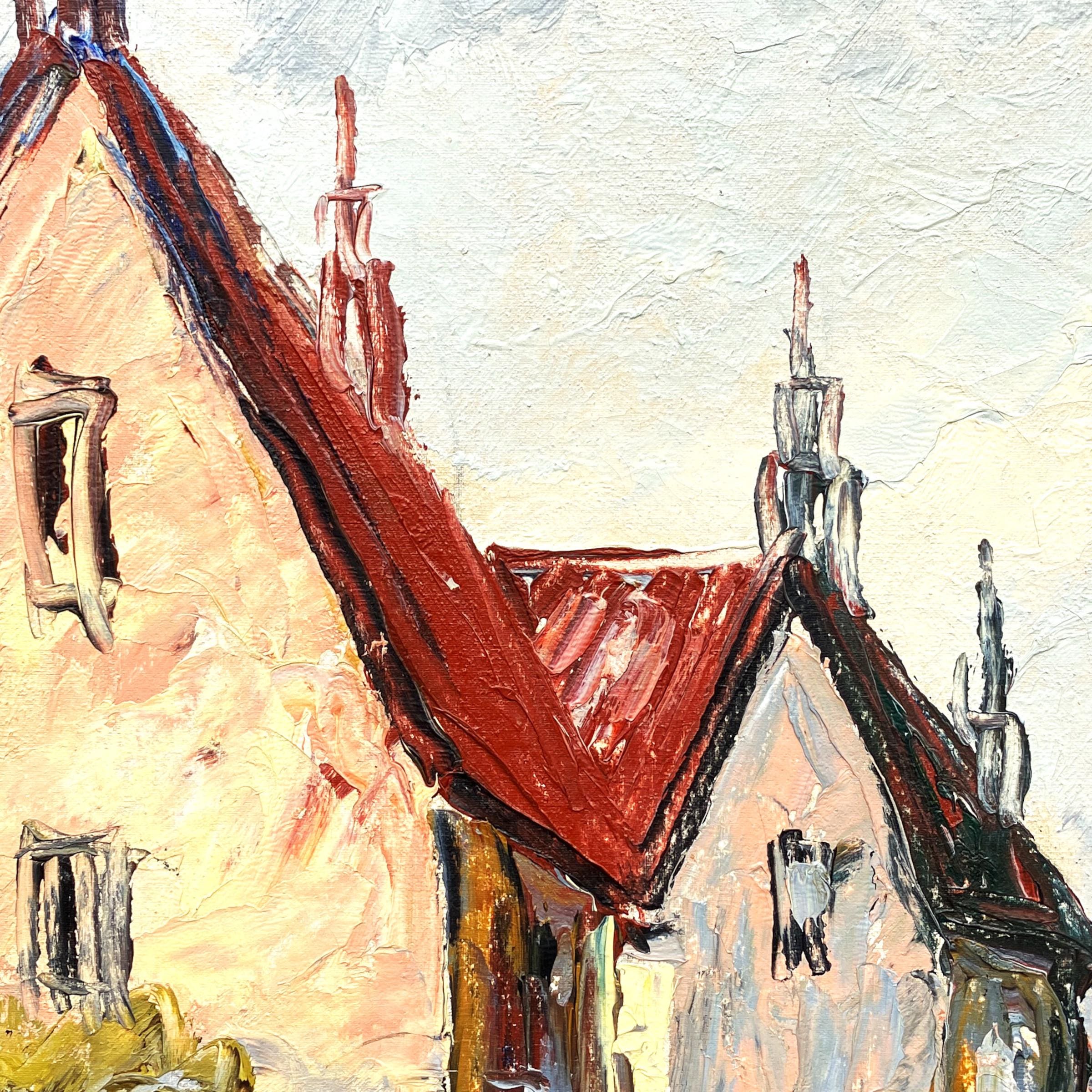 Street Scene Oil Painting – Scandinavian Town, Red Roof Houses, Original Vintage Art - Image 7