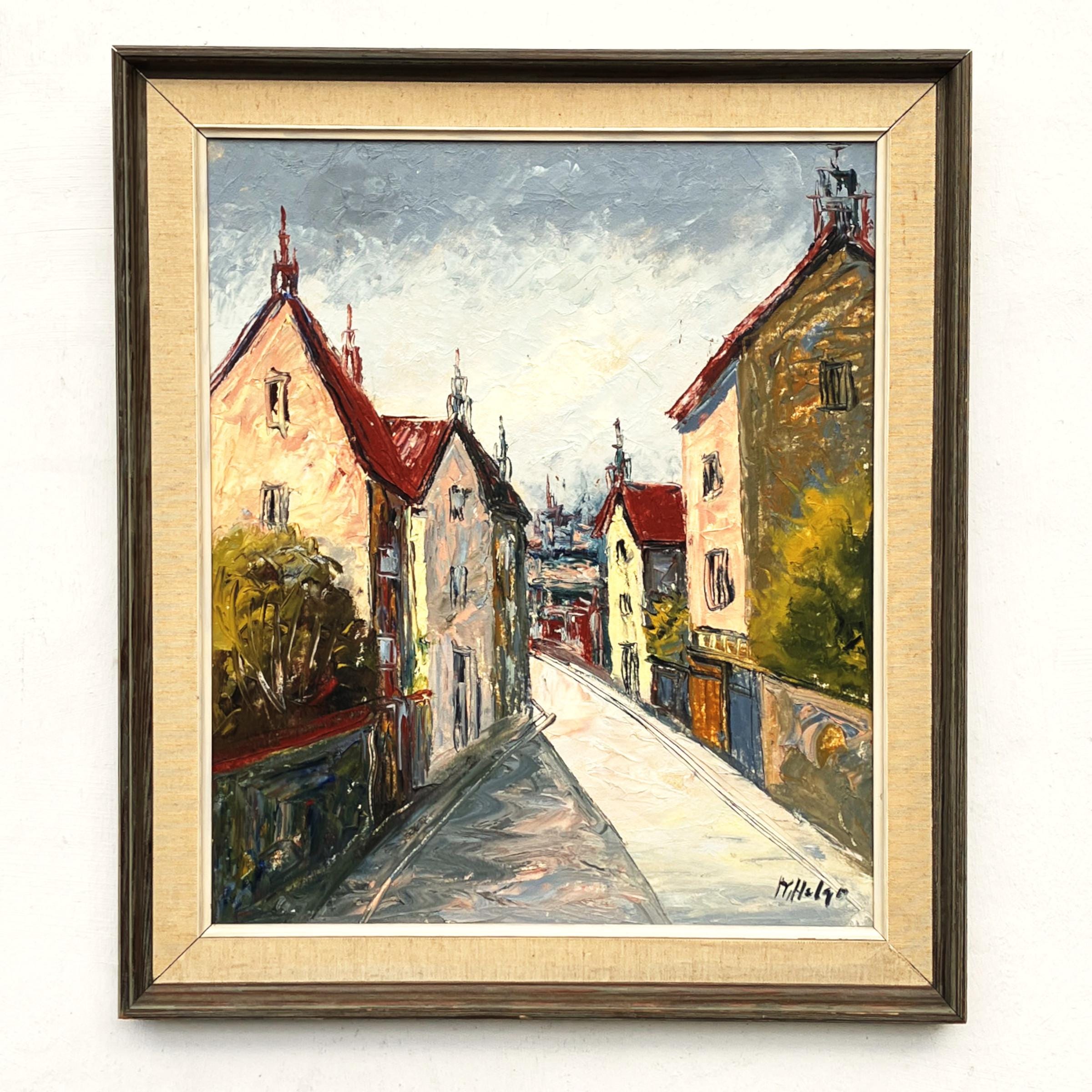 Street Scene Oil Painting – Scandinavian Town, Red Roof Houses, Original Vintage Art - Image 1