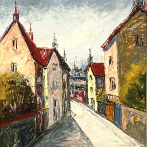 Street Scene Oil Painting – Scandinavian Town, Red Roof Houses, Original Vintage Art - Image 3