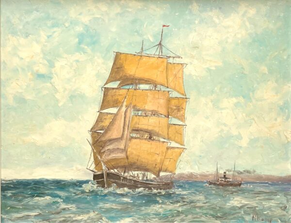 Ship Oil Painting, Danish Coastal Wall Art, Scandinavian Maritime Decor