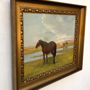 Original horse painting, Grazing horses landscape, Early 20th century antique naturalism, Rustic wall decor - Image 4