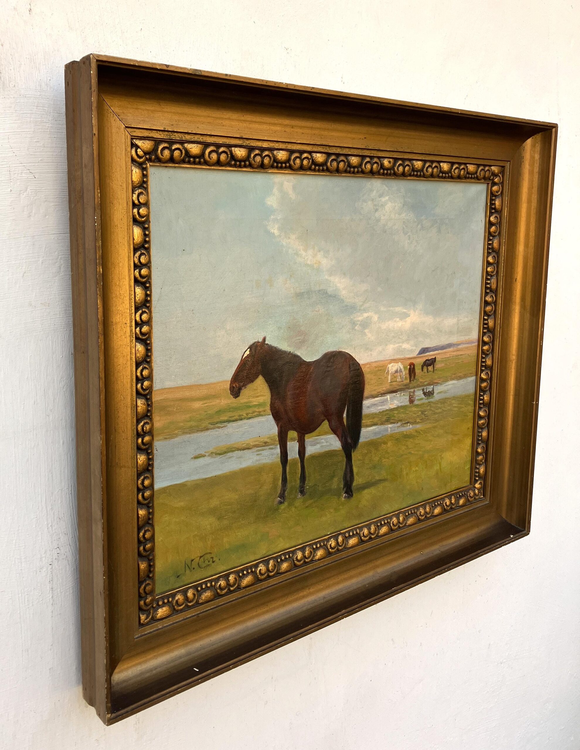 Original horse painting, Grazing horses landscape, Early 20th century antique naturalism, Rustic wall decor - Image 4