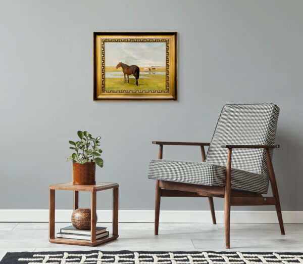 Original horse painting, Grazing horses landscape, Early 20th century antique naturalism, Rustic wall decor