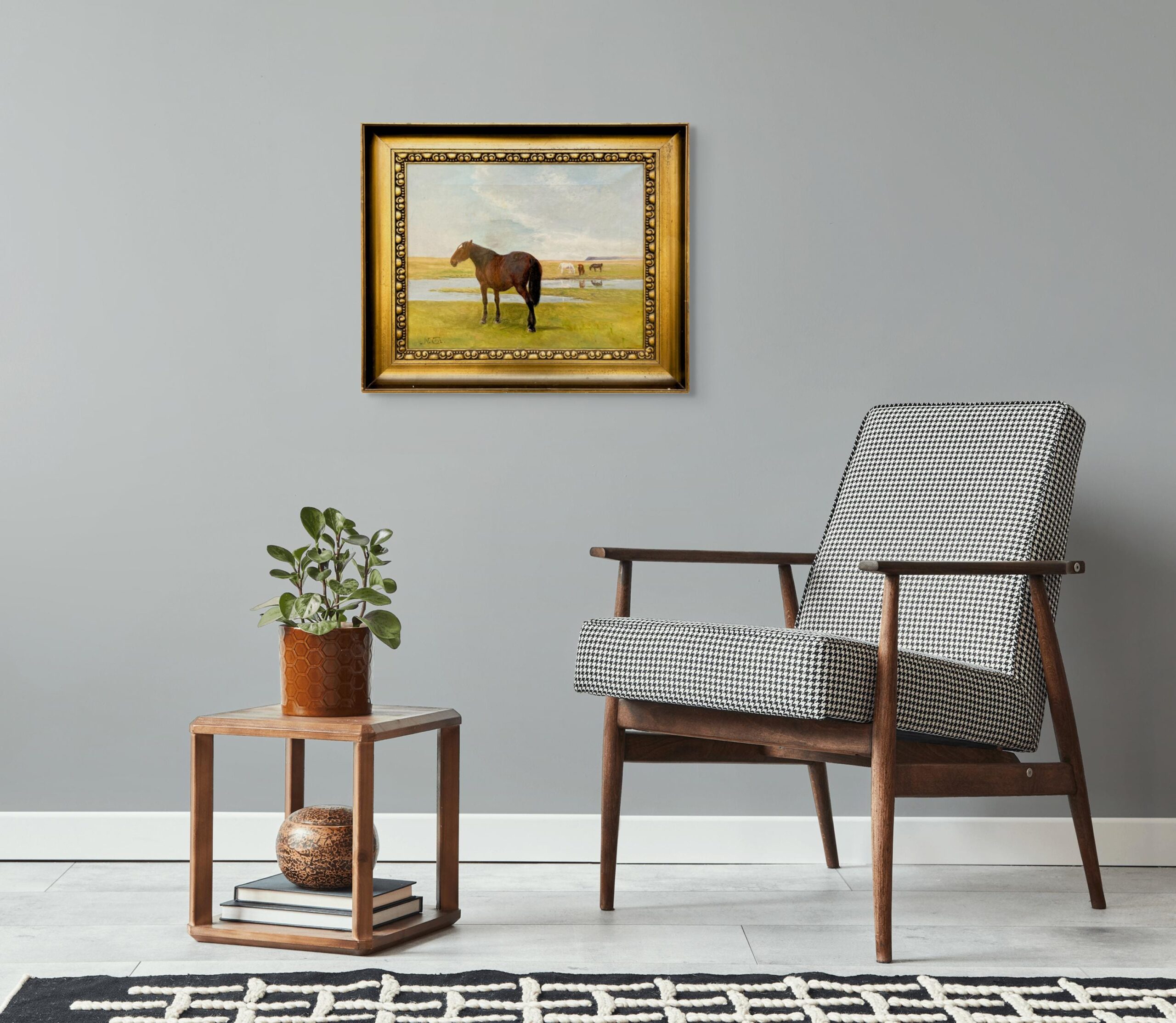 Original horse painting, Grazing horses landscape, Early 20th century antique naturalism, Rustic wall decor - Image 2