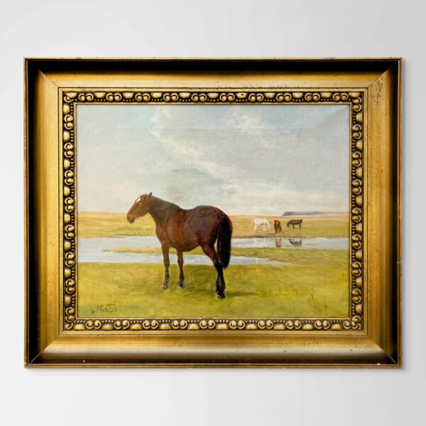 Original horse painting, Grazing horses landscape, Early 20th century antique naturalism, Rustic wall decor