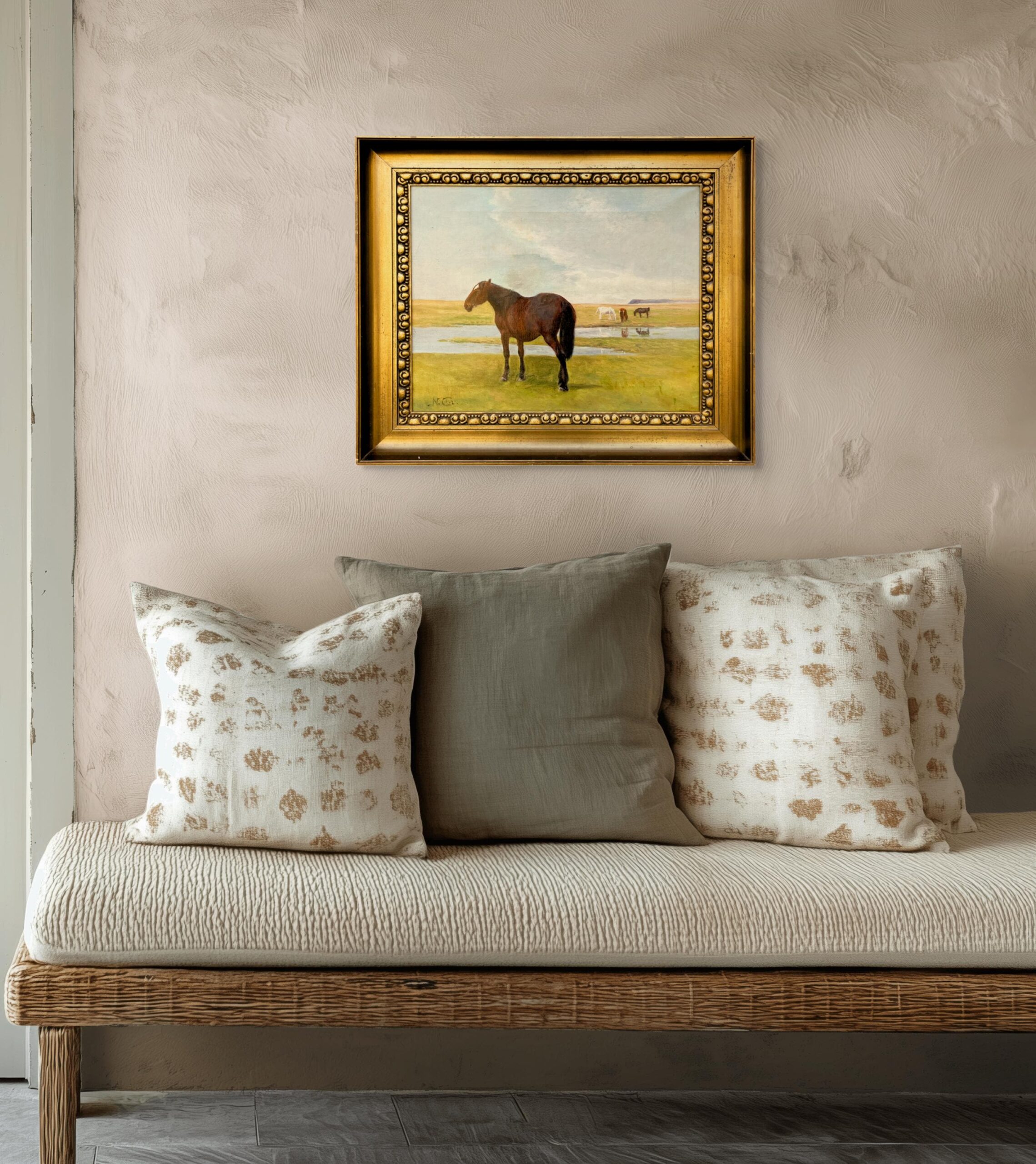 Original horse painting, Grazing horses landscape, Early 20th century antique naturalism, Rustic wall decor - Image 3
